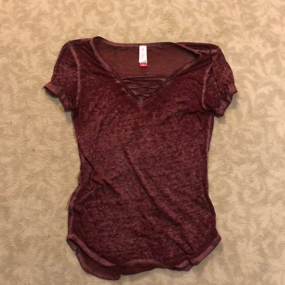 Maroon t shirt with criss-cross front